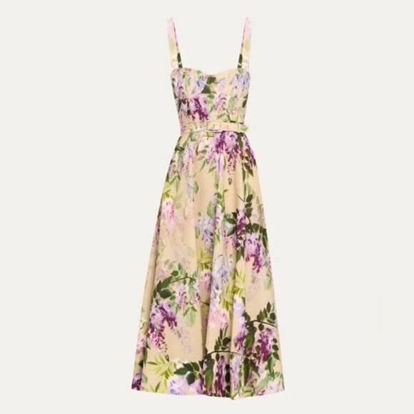 NEW Cara Cara Calypso Belted Midi Dress Wisteria Ginger Root Floral | US 4 UK 8 - Picture 2 of 14